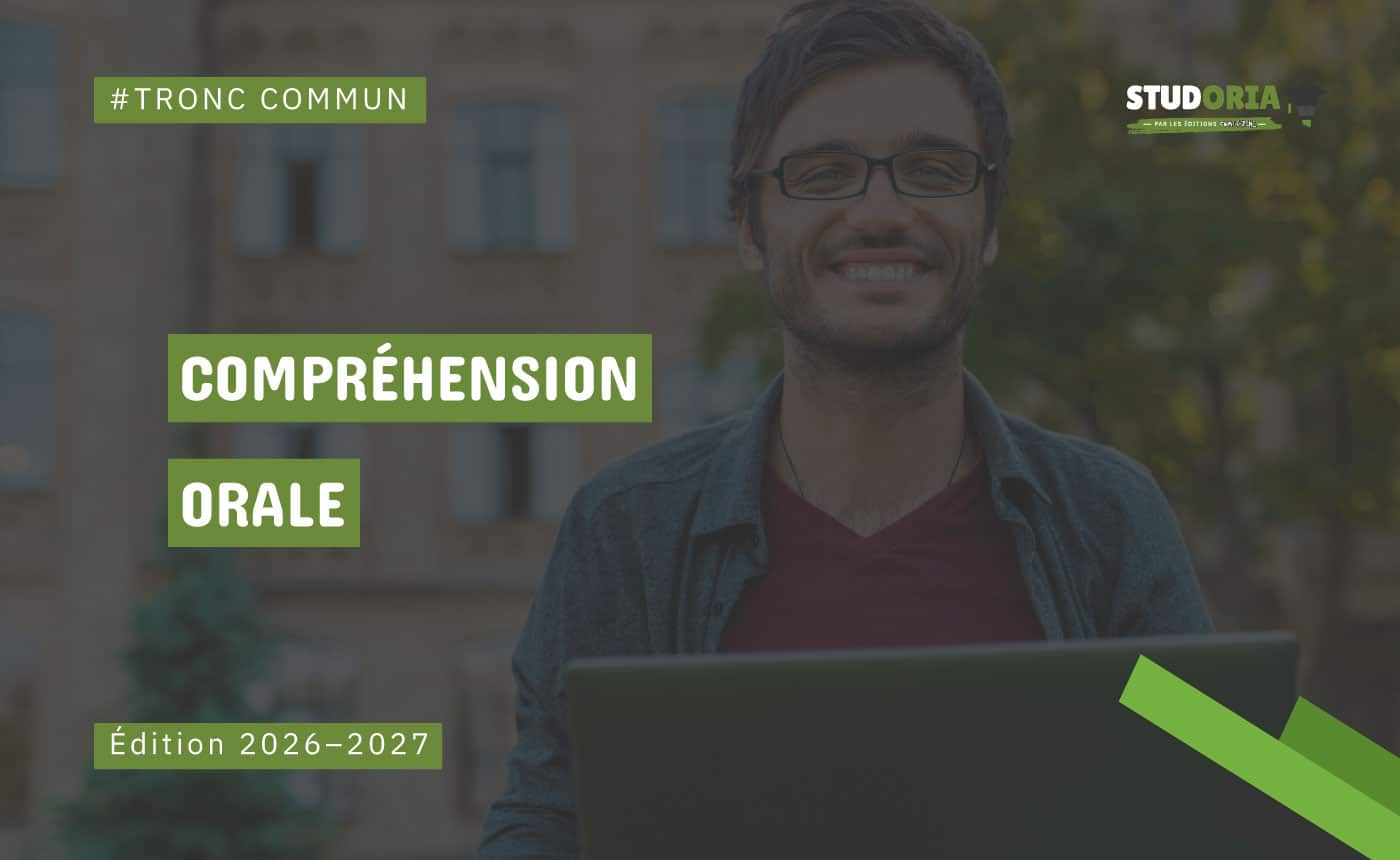 Promotional banner for 'Compréhension Orale' (Oral Comprehension) edition 2026–2027, featuring a smiling student with a laptop outdoors.