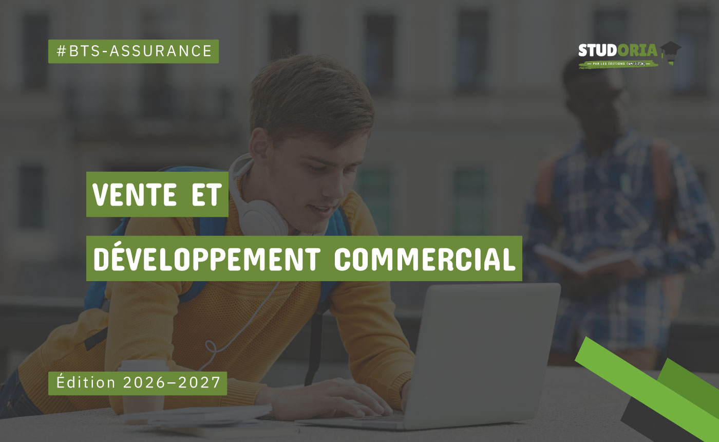 Course cover image for Vente et Développement Commercial: student using a laptop with green title blocks and edition 2026–2027; Studoria logo in top right.