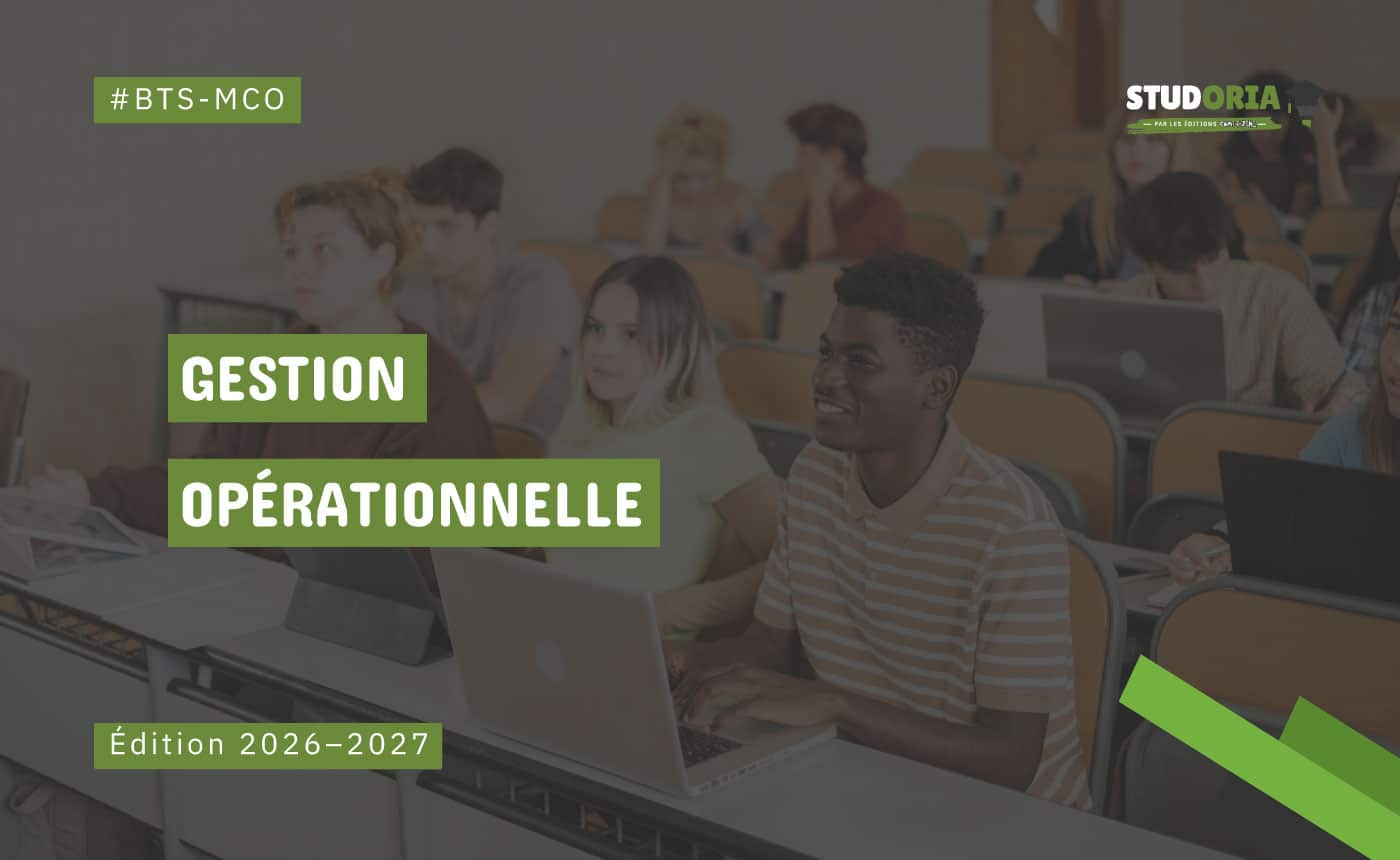 Cover image for the BTS-MCO course titled Gestion Opérationnelle, Edition 2026–2027, with students using laptops in a classroom. スポンサー logo STU DORIA in the corner.
