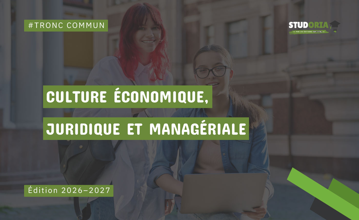 Banner promoting Culture économique, juridique et managériale, édition 2026-2027, with two students and STUDORIA logo.