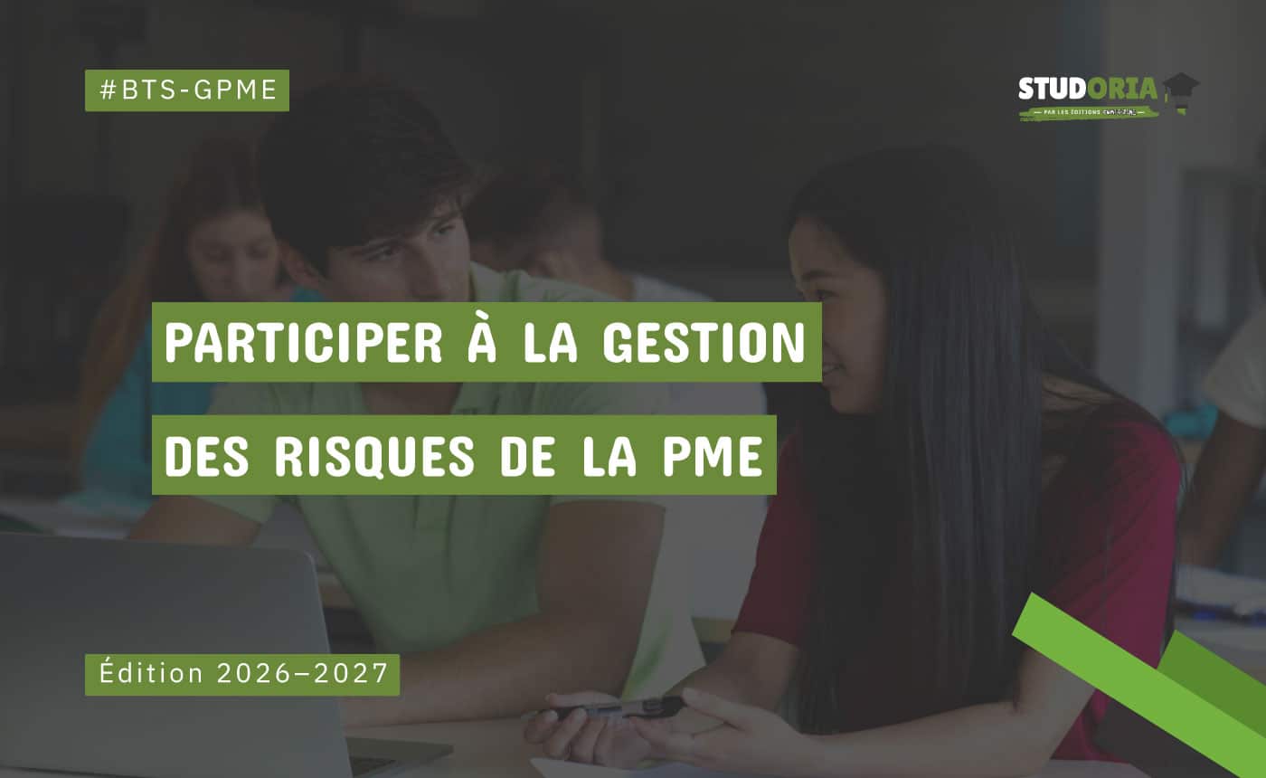Banner promoting the BTS GPME program: 'Participer à la gestion des risques de la PME', Édition 2026–2027, STUDORIA logo.