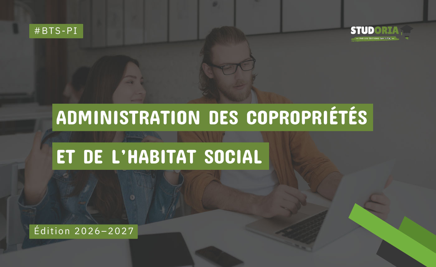 Cover image for the course 'Administration des copropriétés et de l'habitat social' showing two people at a laptop with green title banners in French.