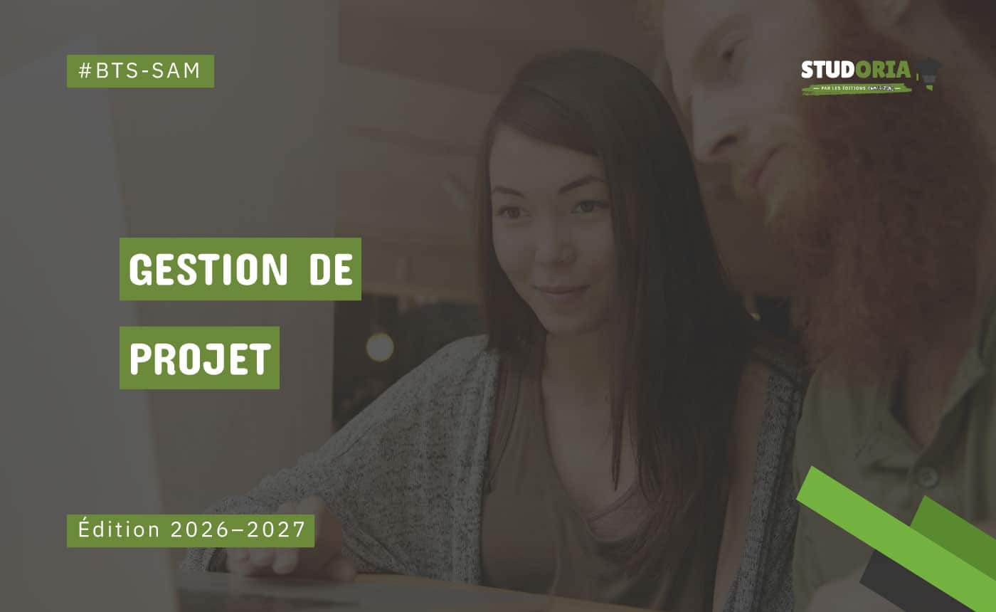 Banner for Gestion de Projet – BTS SAM edition 2026–2027, featuring a woman at a laptop with the STUDORIA logo.