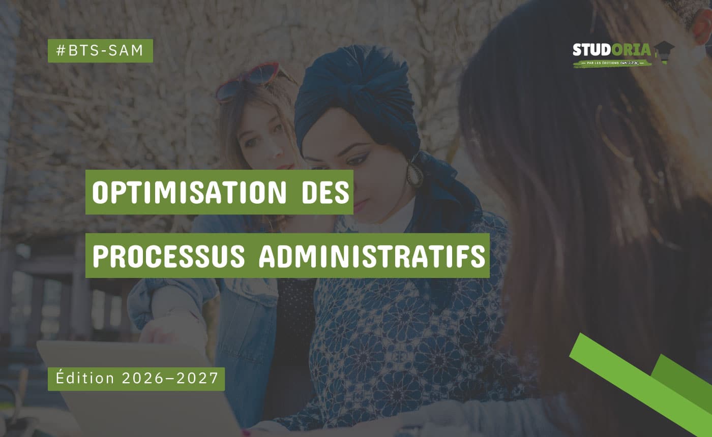 Cover for a guide titled 'Optimisation des processus administratifs', Édition 2026–2027, with #BTS-SAM and STUDORIA logo.